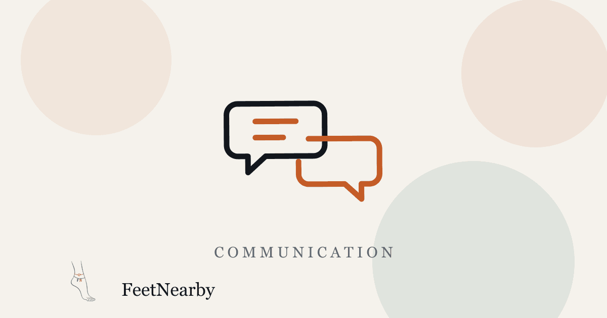 Illustrated card with two line-drawn speech bubbles in ink and orange — FeetNearby Communication guide