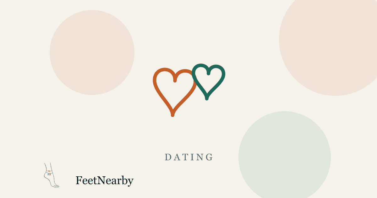 Illustrated card with two line-drawn interlocking hearts in orange and teal — FeetNearby Dating guide