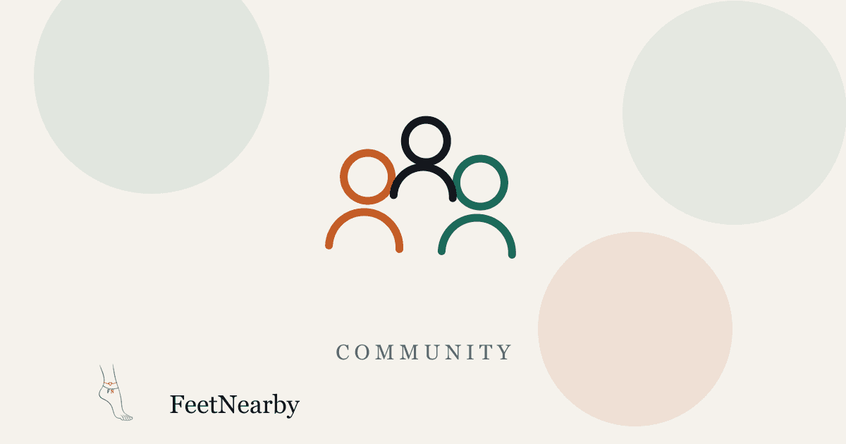 Illustrated card with three line-drawn people in orange, ink, and teal — FeetNearby Community guide