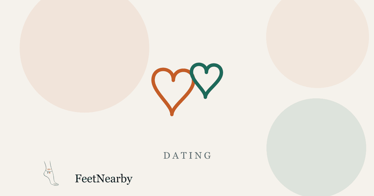 Illustrated card with two line-drawn interlocking hearts in orange and teal — FeetNearby Dating guide