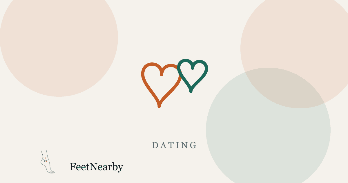 Illustrated card with two line-drawn interlocking hearts in orange and teal — FeetNearby Dating guide