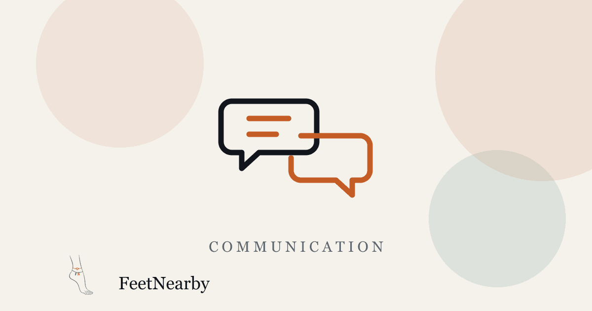 Illustrated card with two line-drawn speech bubbles in ink and orange — FeetNearby Communication guide