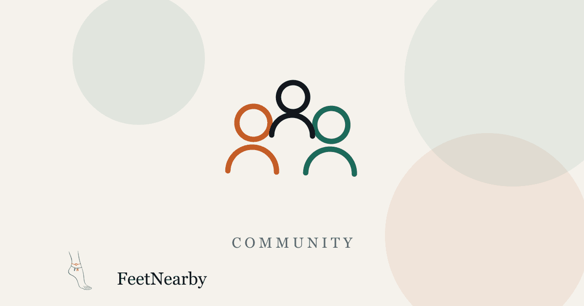 Illustrated card with three line-drawn people in orange, ink, and teal — FeetNearby Community guide