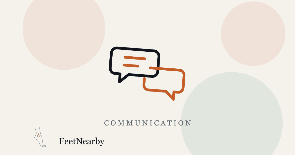 Illustrated card with two line-drawn speech bubbles in ink and orange — FeetNearby Communication guide