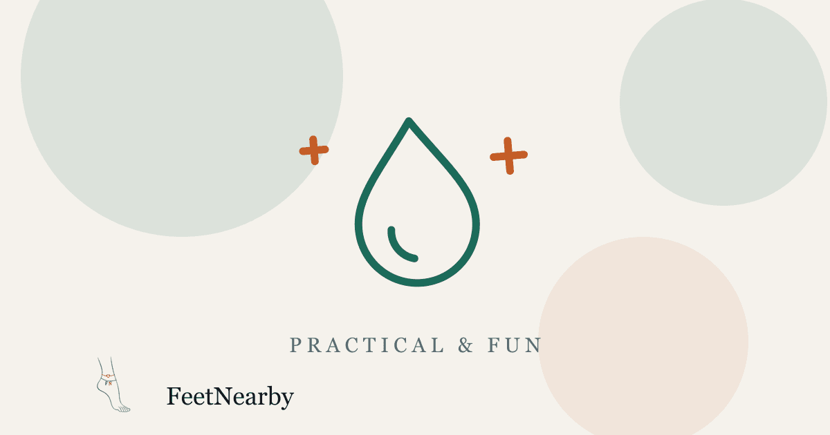 Illustrated card with a line-drawn oil droplet and sparkles in teal and orange — FeetNearby Practical guide
